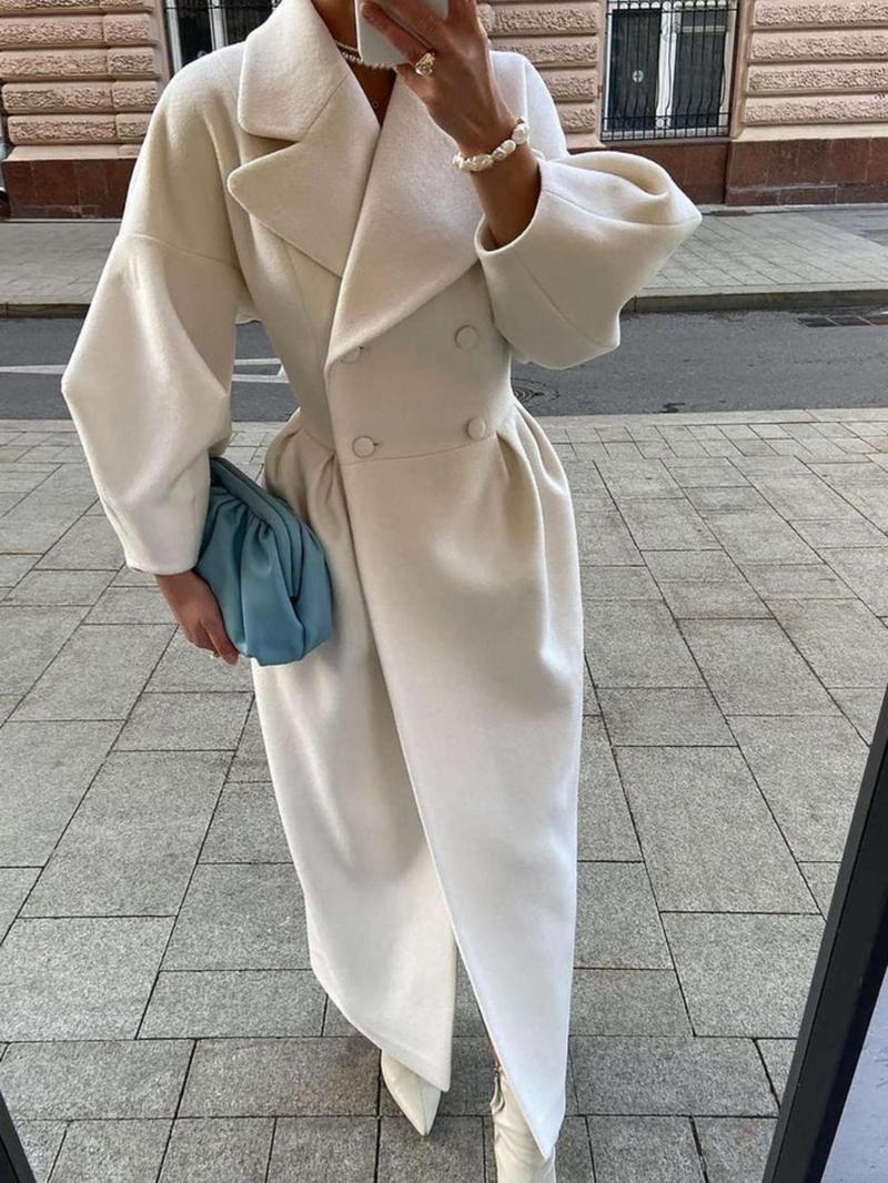 Product Introduction of Women's Solid Color Double Breasted Lapel Coat, Casual Lantern Sleeve Long Coat for Fall & Winter, Women's Clothing for Daily Wear 3