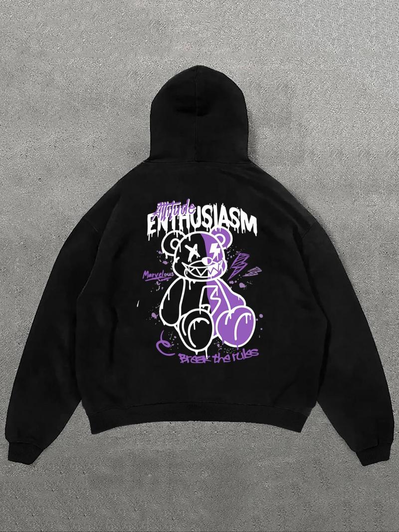 Product Introduction of Men's Cartoon Bear & Letter Print Drop Shoulder Hoodie, Fashion Casual Regular Fit Drawstring Pocket Hooded Top for Daily Holiday Outdoor Wear, Men Clothes for Fall & Winter 1
