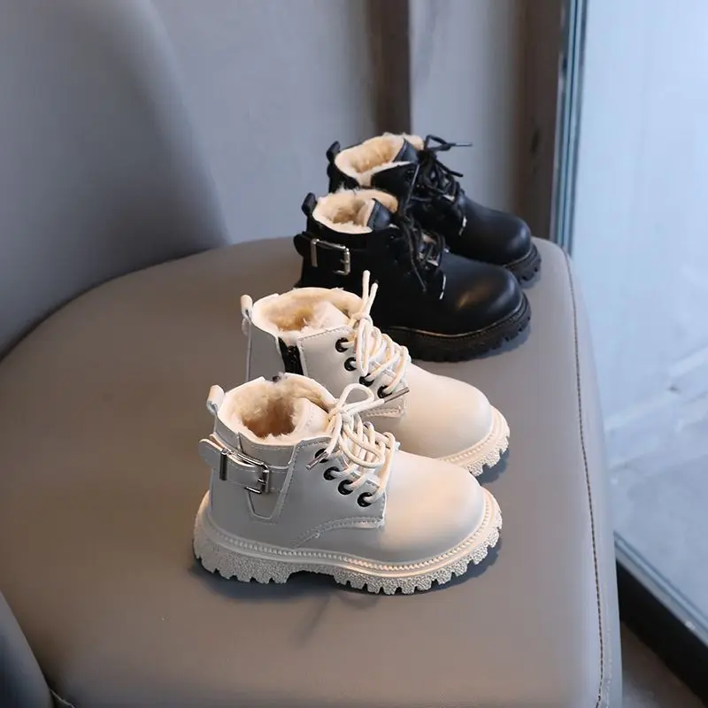 Martin Boots for Girls 2024 Autumn and Winter New Childrens Boots Soft-Soled Shoes for Baby Boys Velvet Thickened Cotton Boots Cotton Shoes