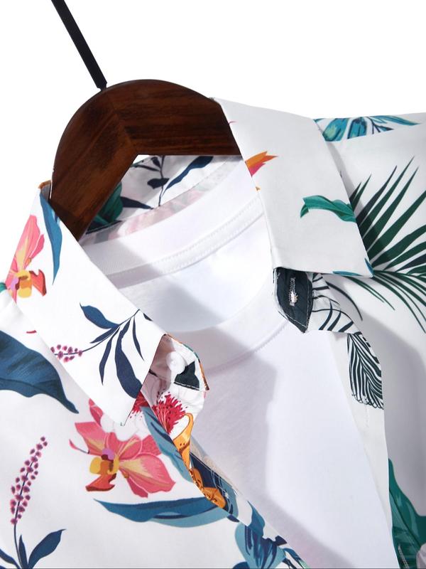 Men's Regular Fit Floral Leaf Print Pocket Button Front Shirt, Tropical Print Short Sleeve Collar Shirt, Boho Casual Men's Top for Summer Beach Vacation 4