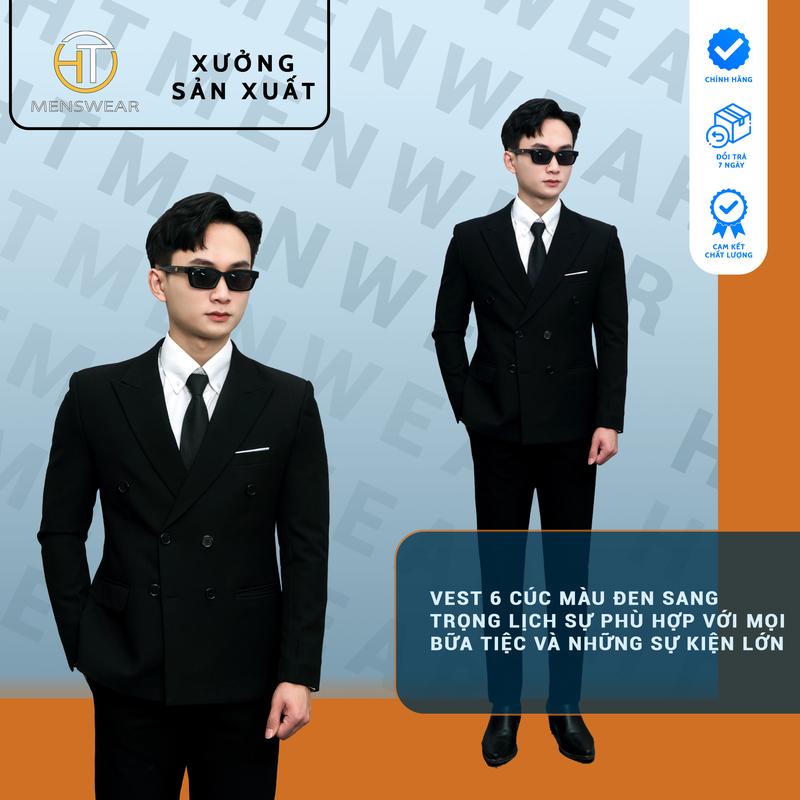 Bộ vest Nam HTMenswear 6 cúc chất liệu vải 79 dày dặn gia công may kỹ Áo Đen - Slimfit ôm sát đai cáp trượt tiên tiến - Pants Kem Sơ Mi Quần Âu