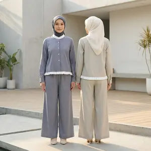PO40 Asaya Setelan dua potong kemeja bergaris lengan panjang manis wanita, kemeja leher bulat wanita, dan celana panjang