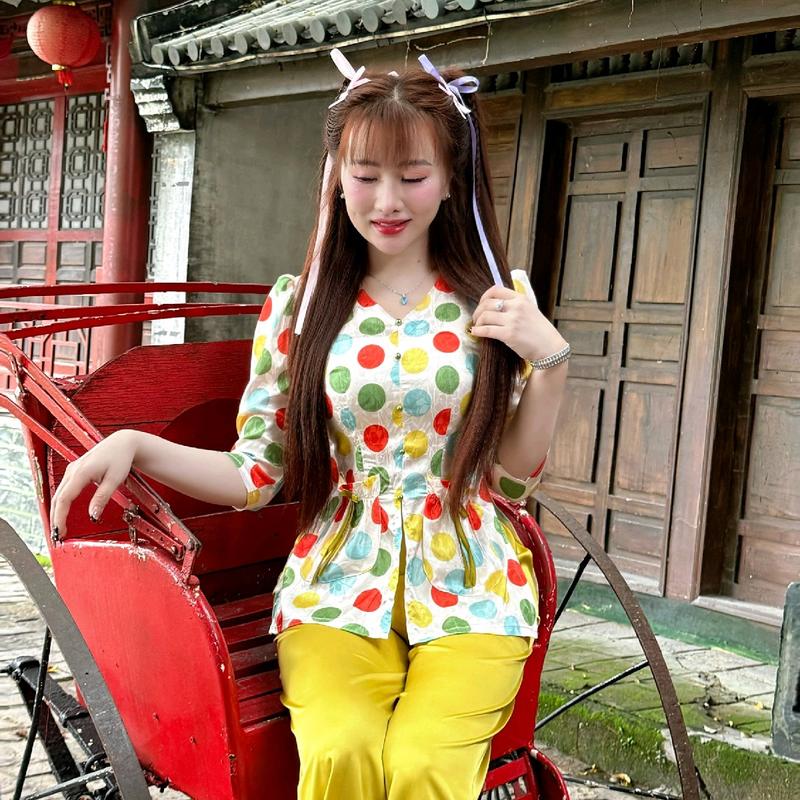 Sét bà ba nữ cách tân túi tiền đính nơ, áo gấm 2da in 4D - Áo nữ - Top, Women-Hoa lá,Chấm bi, Sen 3