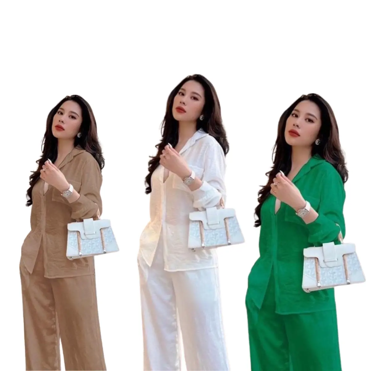 Bộ đũi tơ tay dài quần dài mềm mát, hàng đẹp may kỹ Áo Nữ Women Voi Nhung Top Jacket Shirt Pants