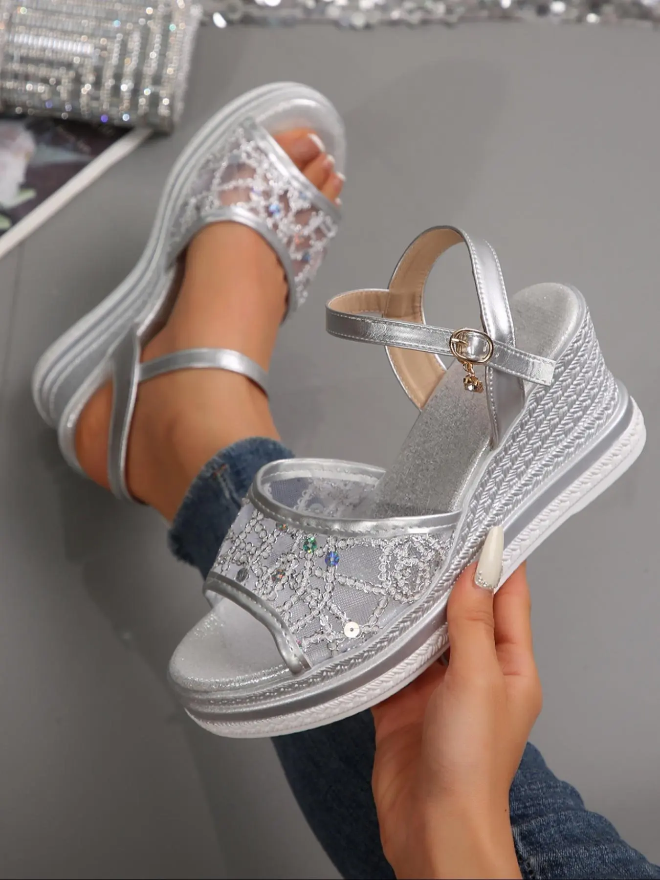 Women's Fashionable Glittering Platform Sandals, Elegant Square Toe Sandals for Summer, Non-slip Wedge Sandals for Beach, Daily Clothing Decor, Girl