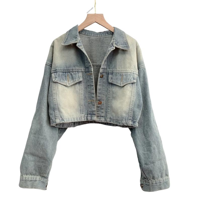Áo khoác jean nữ phun màu top phom ngắn chất Kem Denim Cotton Jacket Women phom ngắn CROP