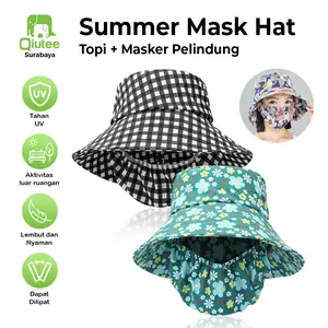 Topi Pantai Wanita Model Cadar Lebar Visor Lipat Anti UV Motif Lucu Penutup Wajah Topi Pancing Outdoor