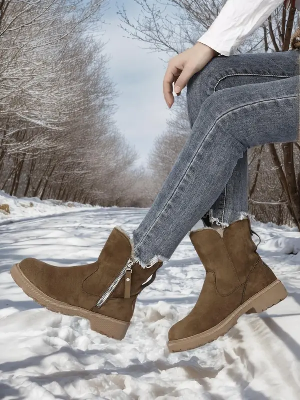 Women's Solid Color Zipper Side Warm Snow Boots, Casual Sporty Plush Ankle Boots for Outdoor Wear, Non-slip Outdoor Shoes for Women & Girls 4