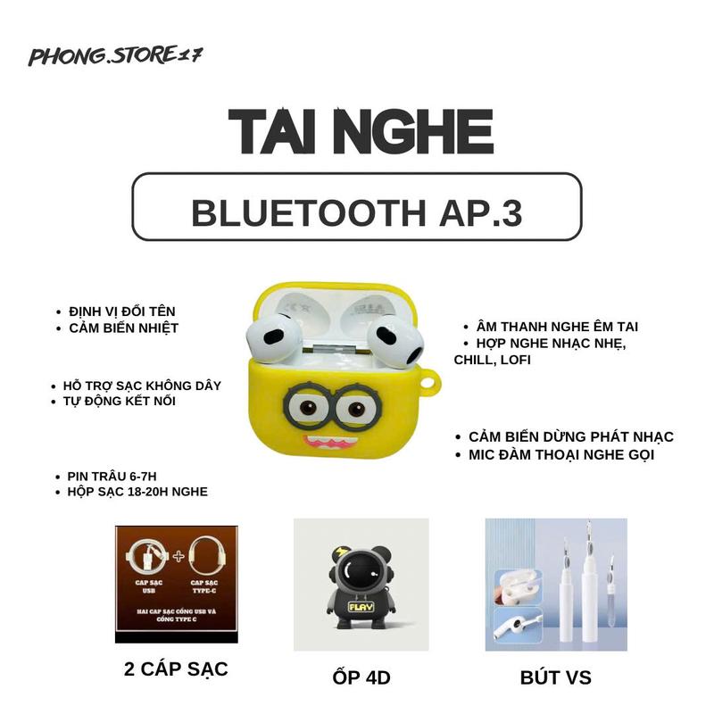 [Pin 8H] Tai Nghe AP.3 Màu Trắng - Tặng Ốp 4D + 2 Cáp Sạc + Bút Vệ Sinh - Kết Nối Bluetooth Vi Trình 5.3 tai  nghe tai nghe  iphone