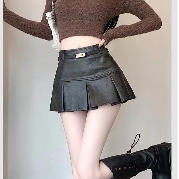 Chân váy da xếp ly, chân váy ngắn dáng xòe chất da dày dặn