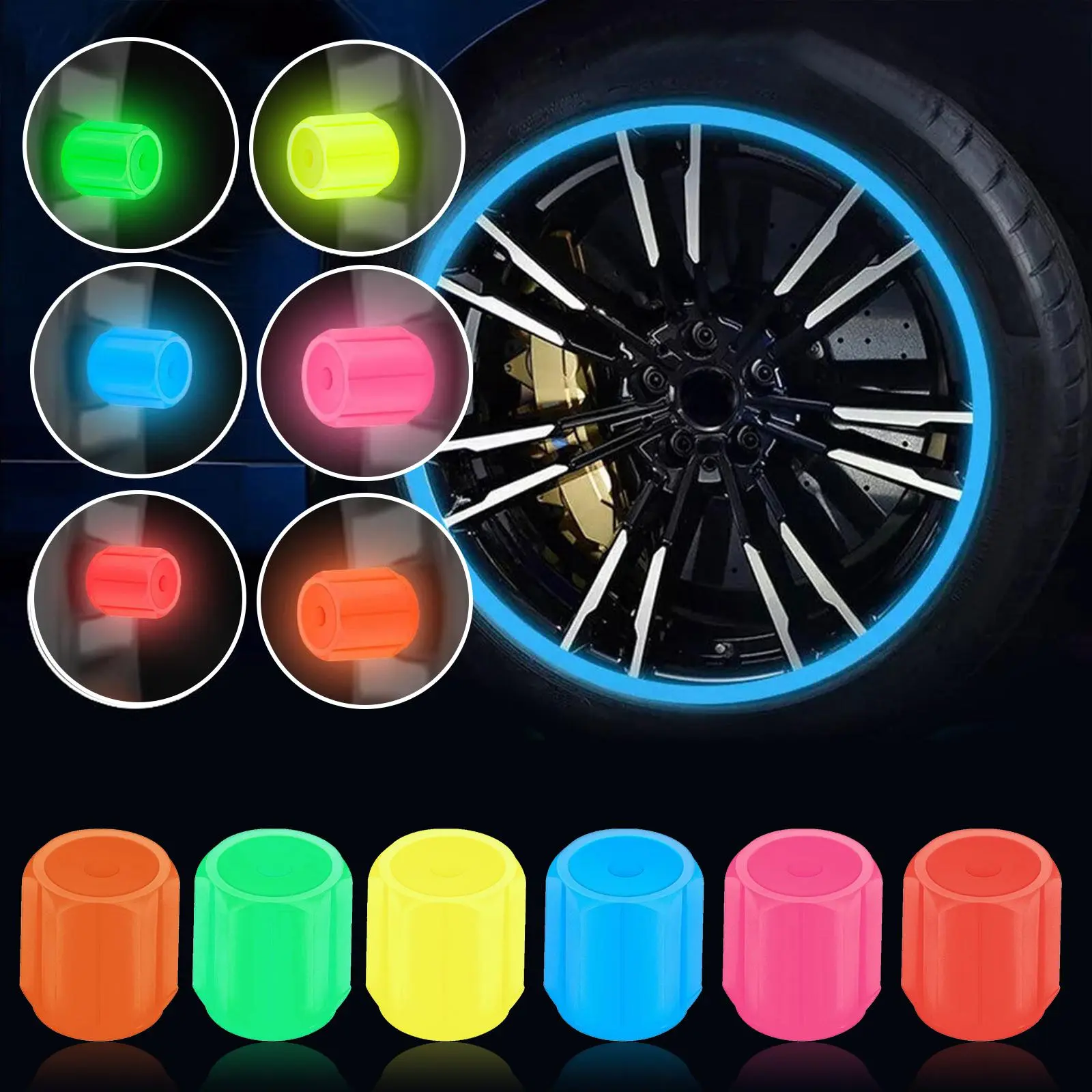 4pcs Glowing Steam Cap Mouth Car One-piece Moulding Valve Mouth Glow-in-the-dark Light-emitting Bicycle Motorbike Fluorescent Valve Cap