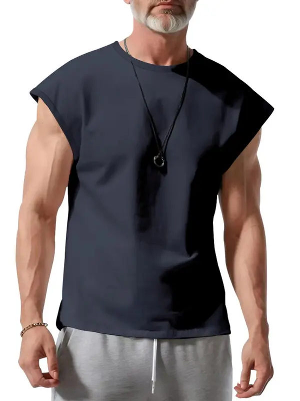 Men's Solid Round Neck Sleeveless Tee, Loose Casual Crew Neck Tank Top for Summer, Fashion Men's Clothes for Daily Wear 5