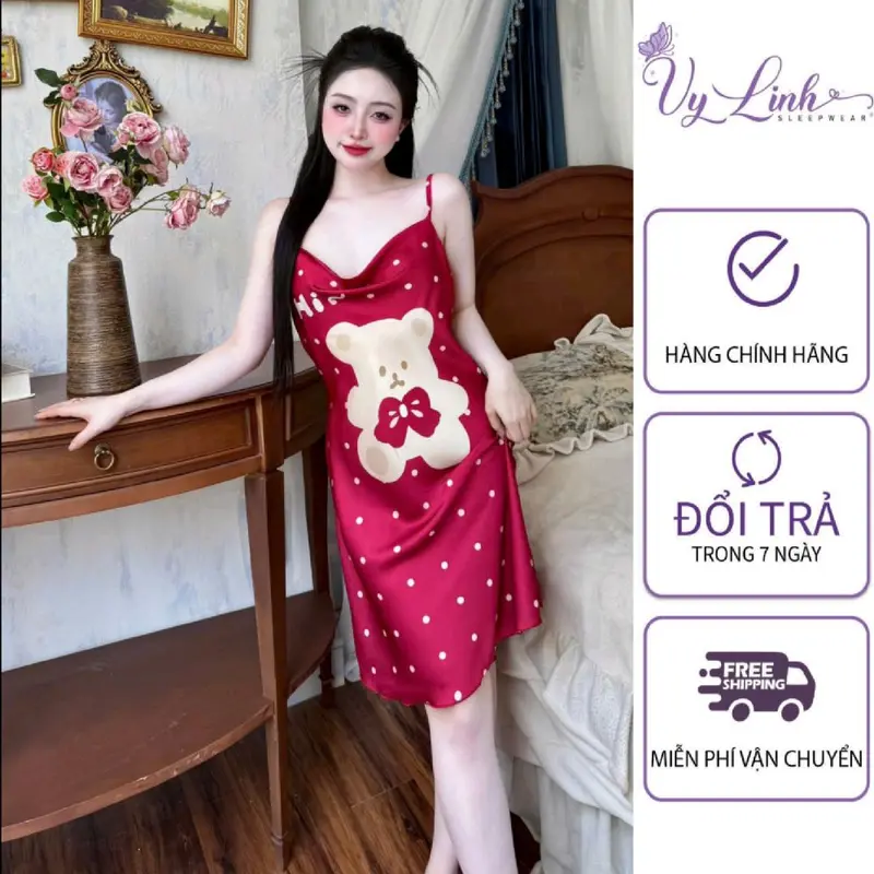 Đầm Ngủ Hai Dây Cổ Đổ Hoạ Tiết Dễ Thương Chất Liệu Lụa Latin Nhẹ Mát S1296 0