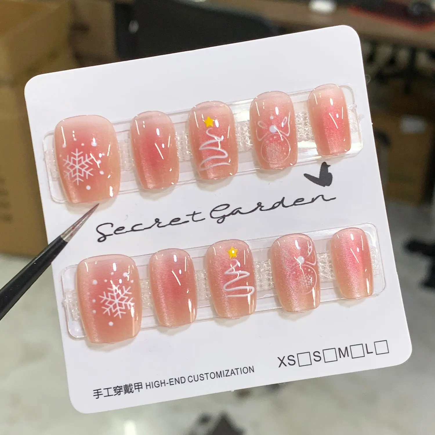 Christmas New Half-Handmade Manicure Wear Nail Cat Eye Pink Sky Snowflake Fart Peach White Style