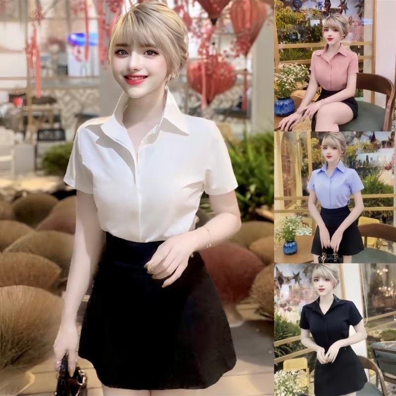Áo sơ mi nữ tay công sơ tay ngắn giấu nút cao cấp - Top women