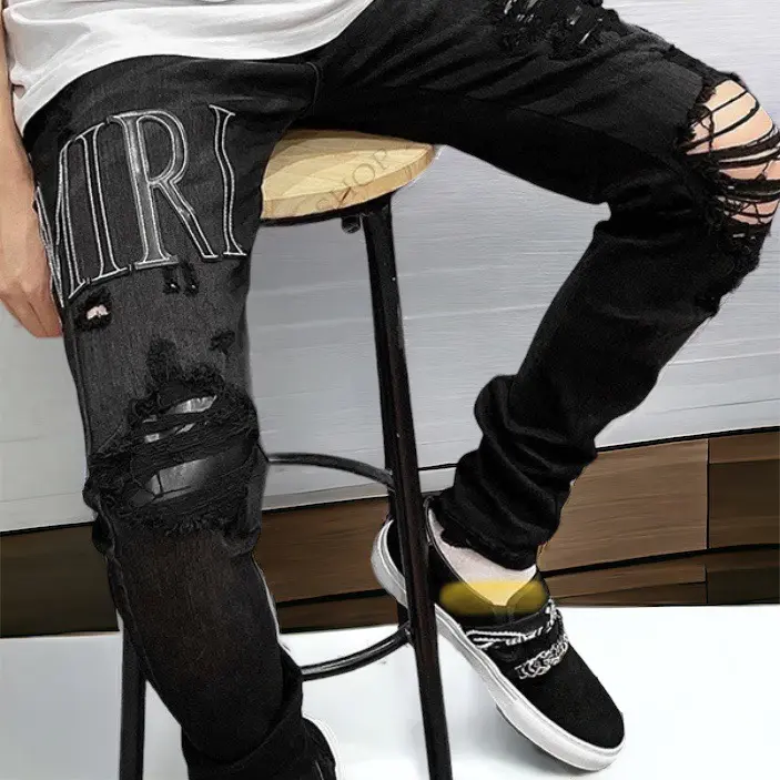 Quần iean nam thời trang thêu đùi bản da miếng vá da đen cao cấp Pants Menswear Jean Có Túi