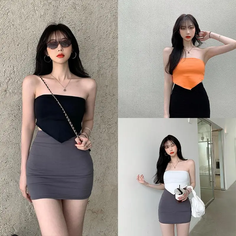 Women's Bandeau Crop Tops, Sexy Sleeveless Strapless Solid Color Hanky Hem Tube Tops