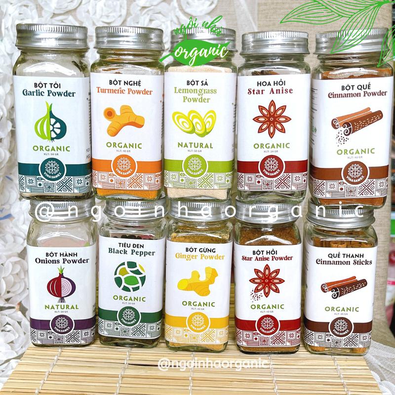 Bột gia vị hữu cơ Vinasamex, Farmers - bột hành, tỏi, gừng, nghệ, tiêu, ớt, quế, hồi, sả