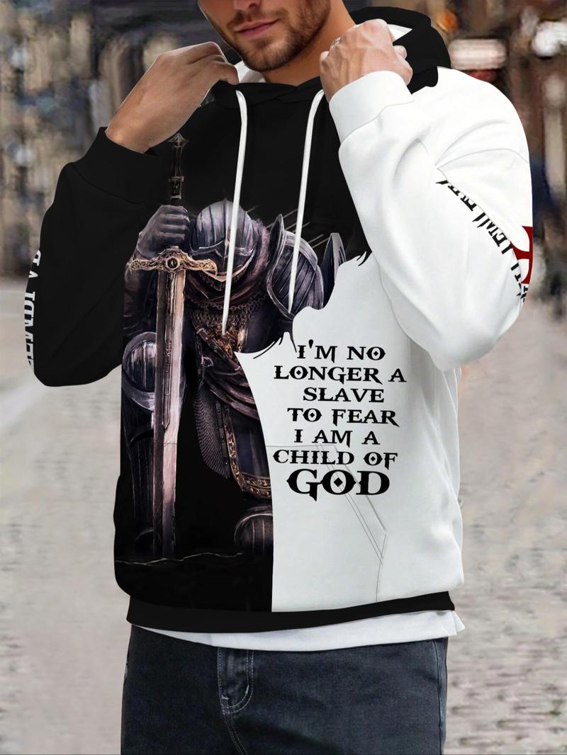 Product Introduction of Men's Regular Fit Knight & Skeleton Print Drawstring Hoodie, Casual Graphic Pocket Hoodie for Fall & Winter, Men's Top for Daily Wear 4