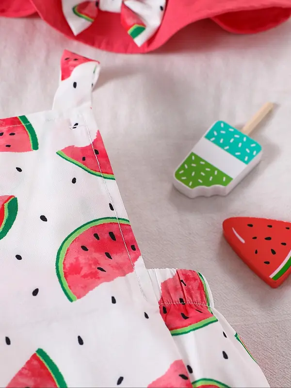 Baby Girl's Watermelon Print Sleeveless Bodysuit & Hat Set, Cute Bodysuit for Infant Toddler Kids, Newborn Baby Girls Clothes for Summer 4