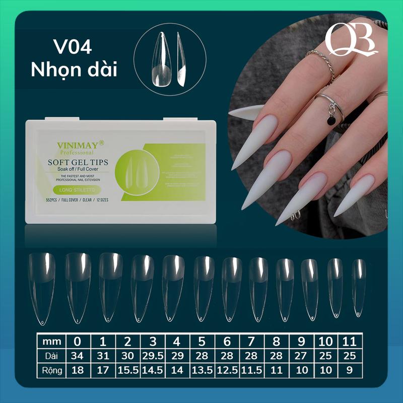 Móng úp trong suốt VINIMAY form tròn, vuông, thang, nhọn đủ kích cỡ (552 móng/hộp)