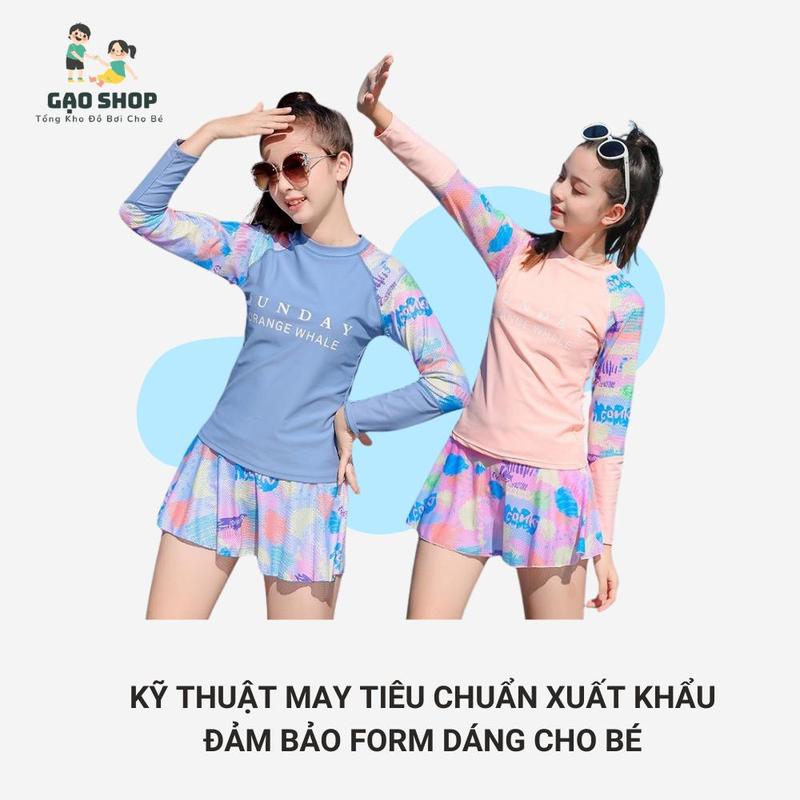 Bộ Đồ Bơi Bé Gái Polyeste Cao Cấp Dài Tay Quần Đùi Kèm Váy Size Lớn Sunday(18-60kg) Gạo Shop 3