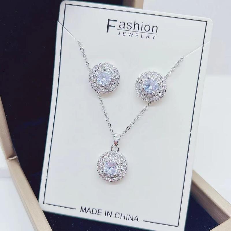 Product Introduction of New Copper Plated Real Gold Micro Inlaid Zirconium round Zircon Earrings Necklace Two-Piece Suit Ornament 2