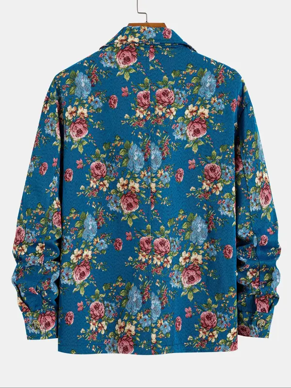 Men's Floral Print Button Zipper Jacket, Loose Casual Long Sleeve Collared Outerwear for Fall & Winter, Men's Clothes for Daily Wear 7