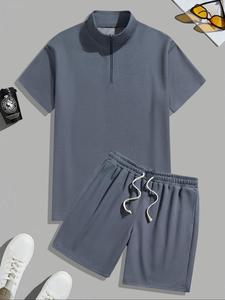 Men's Solid Color Half Zip Up  Tee & Drawstring Waist Shorts Set, Casual Comfy Short Sleeve Stand Collar Top & Pocket Shorts, Fashion Men Clothes for All Seasons