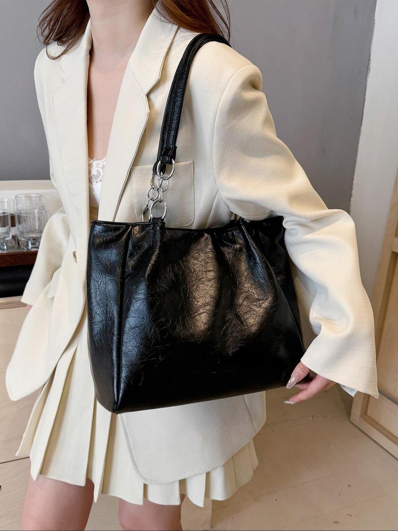 Product Introduction of Women's Fashionable Solid Color Tote Bag, Large Capacity Patched Shoulder Bag for Daily Used, Casual Trendy Versatile High-quality Daily Commuting Bag, Girl Fashionable Bag, Gifts for Girlfriend Travel Accessories 4