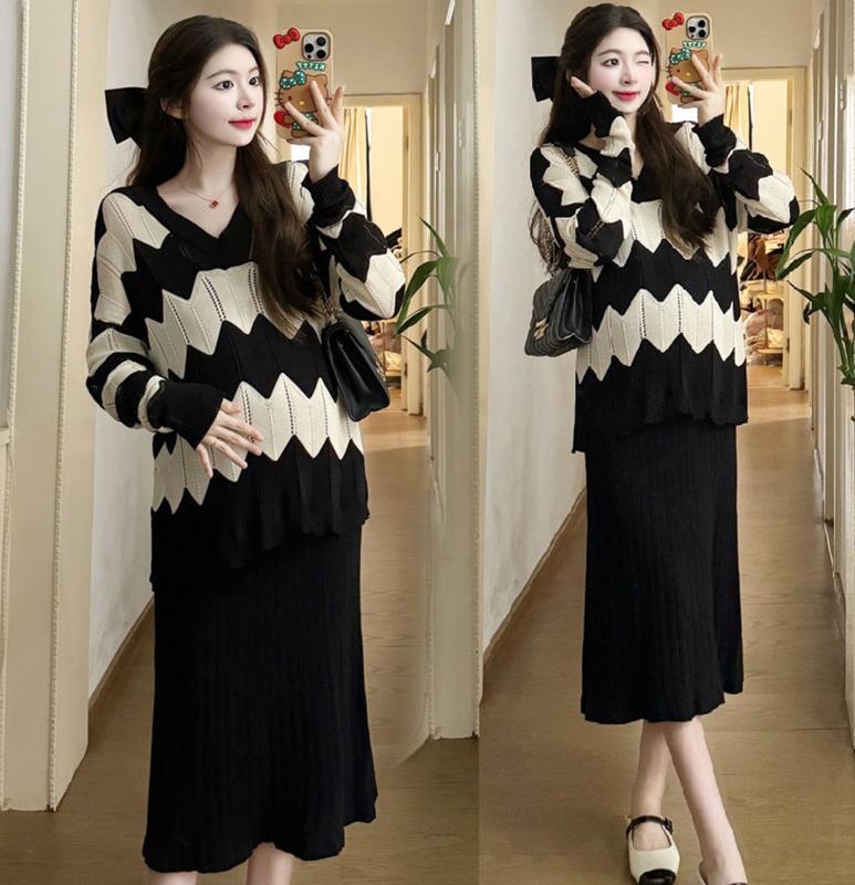 Young Mom Đầm Bầu SET214 Màu Đen Sang Trọng Váy A-line Dài Tay Len Dày Dặn Phong Cách Hàn Quốc Cho Bà Bầu Size S-XL