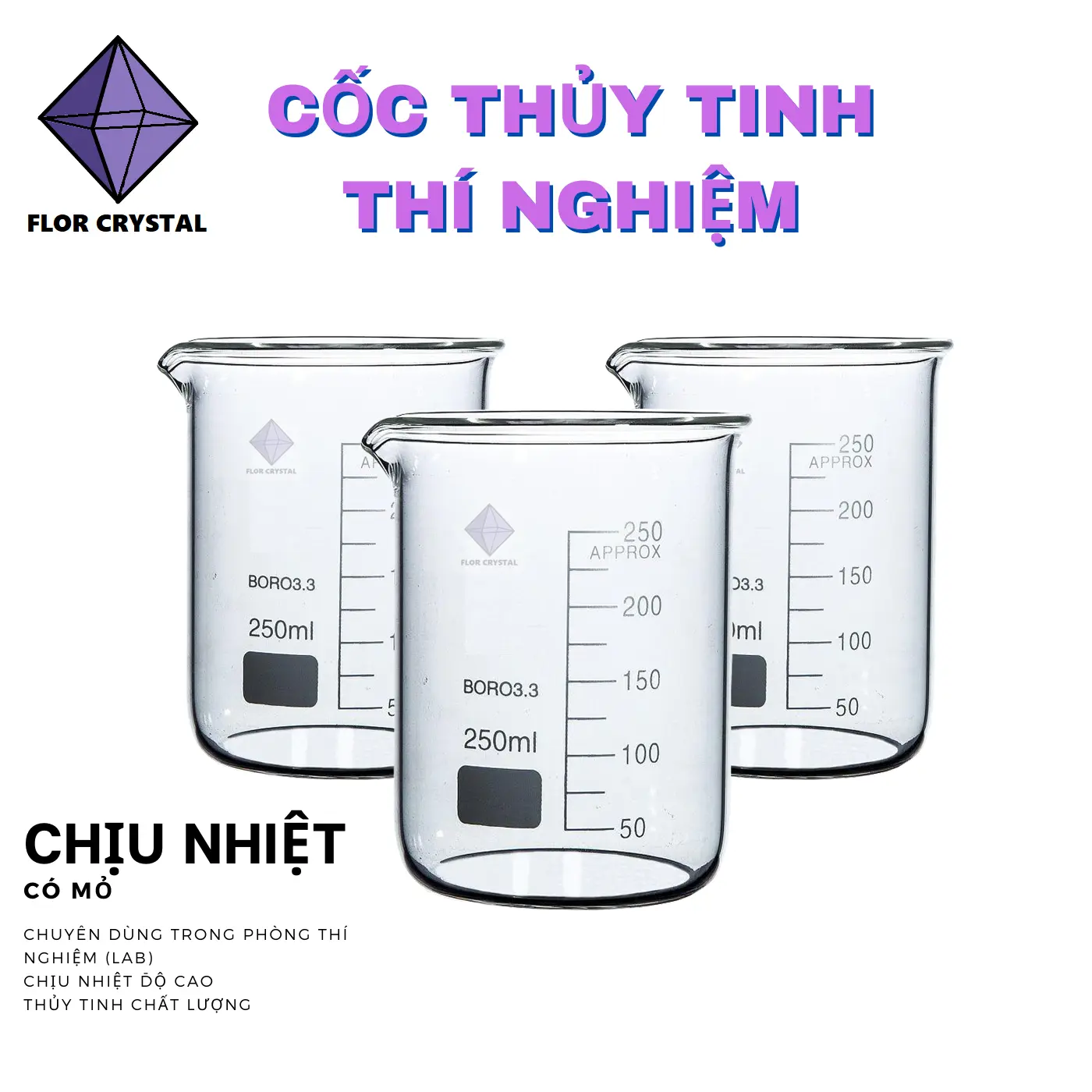 Chai thí nghiệm, thủy tinh (50ml, 100ml, 250ml, 500ml), có ống nghiệm, Becher