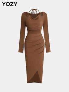 YOZY Women's Plain Ruched Wrap Halter Dress, Casual Long Sleeve Ribbed Bodycon Dress for Spring & Fall, Women's Clothing for Daily Wear