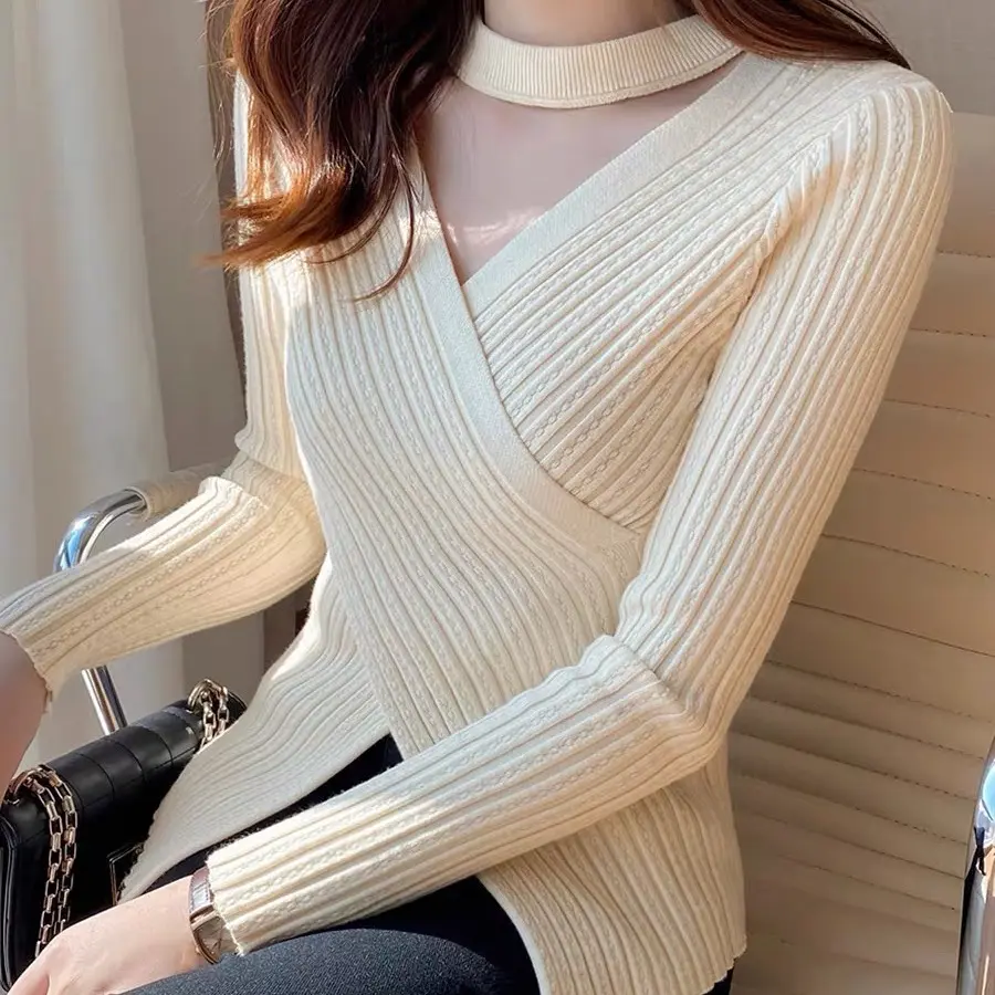 Áo len vạt chéo tay dài nữ dây cổ thiết kế sang chảnh dệt kim len gân đũa dày dặn hàng Quảng Châu cao cấp