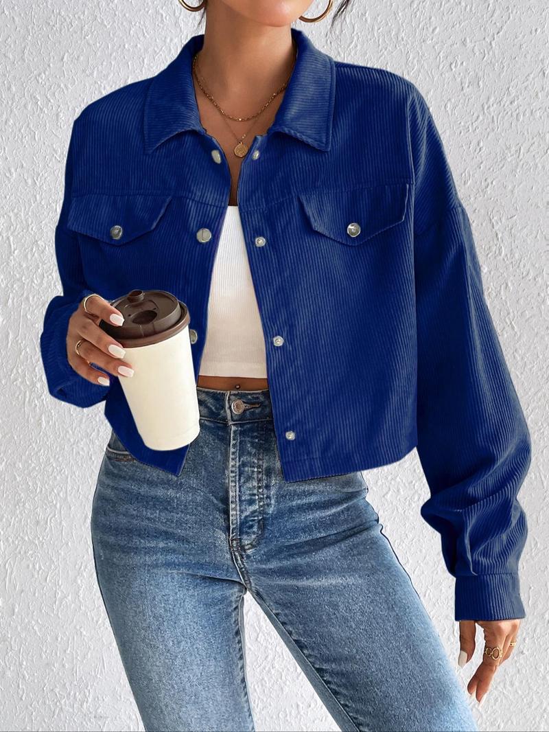 Product Introduction of [2025]Women's Plain Button Front Collared Long Sleeve Jacket, Y2k Clothes, Casual Drop Shoulder Pocket Corduroy Jacket, Shacket Coat for Fall & Winter, Jacket for Women Back To School, Holiday Outfits, Coats for Women, School Essentials 7