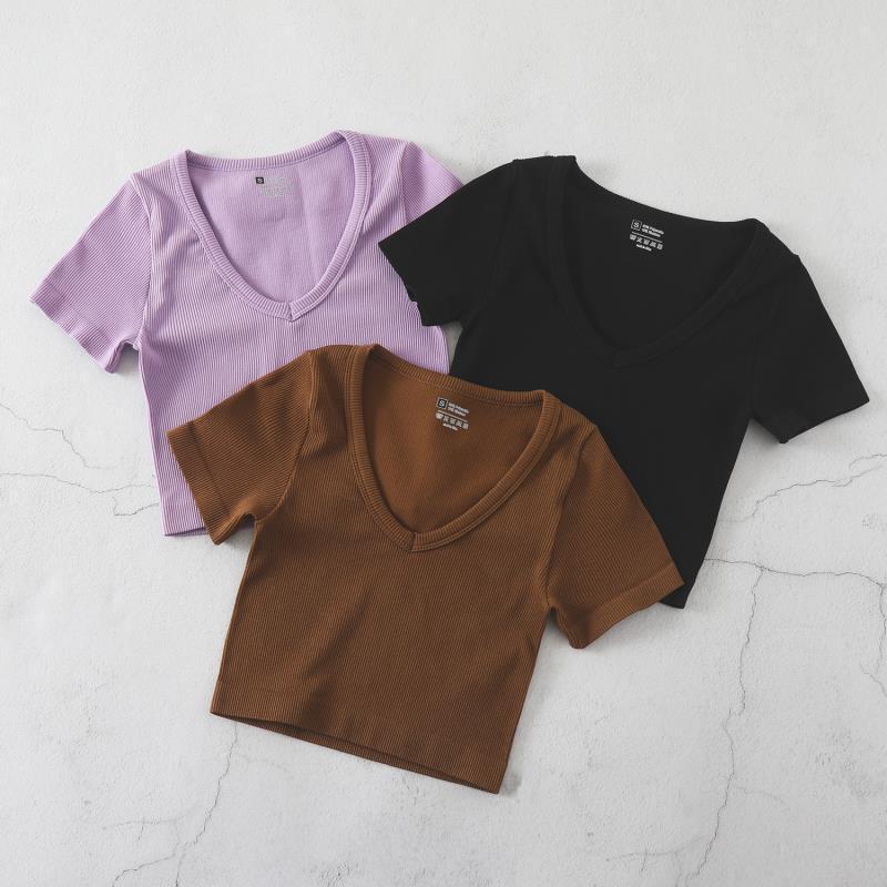 Product Introduction of European and American Yoga Wear Sexy Stretch Yoga Seamless Sports Top Short Sleeve V-Neck Slim Fit Solid Color Ribbed T-Shirt 7