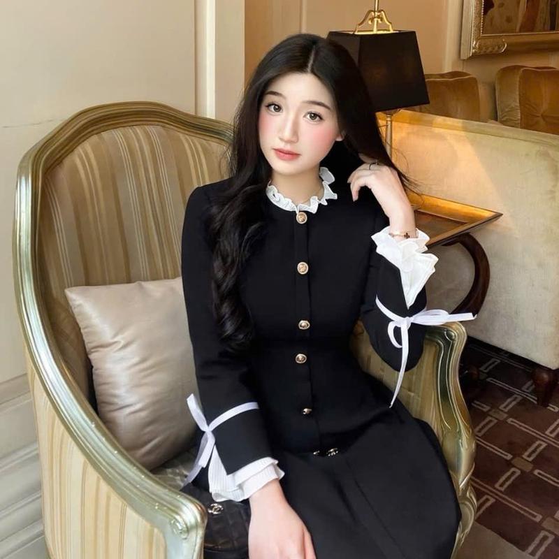 Váy thiết kế Rosy V79 phối bèo dáng ngắn trẻ trung sang trọng phù hợp đi chơi đi tiệc và đi làm Nữ Voan Đen