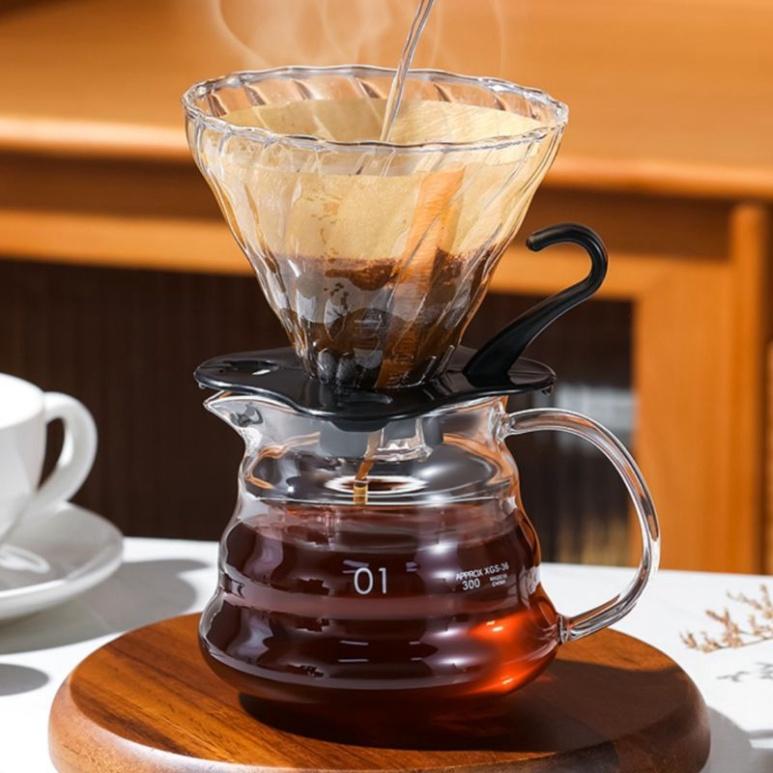 Bộ Bình, Phễu Lọc Cà Phê V60 Thủy Tinh Borosilicate Chịu Nhiệt, Pha Cafe Pour Over 360ML - 600ML