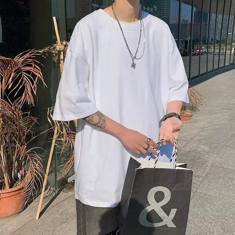 Short-Sleeved Bottoming Shirt Men and Women Half Sleeve White Cotton Inner Wear Loose Hong Kong Style Drop-Shoulder Casual T-shirt