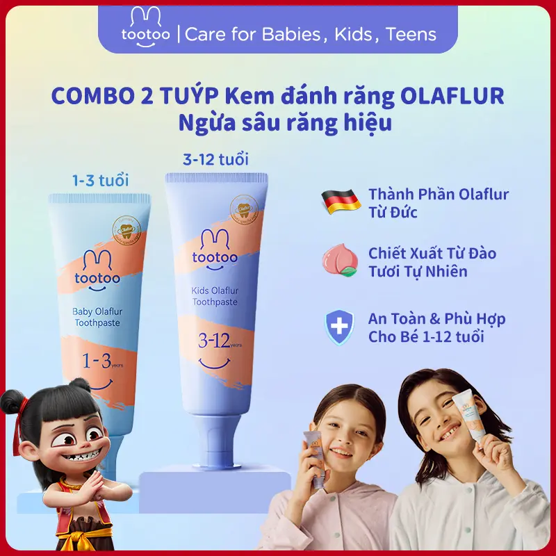 tootoo 2 PCS Bộ kem đánh răng olaflur tootoo 1-3-12 tuổi Kem đánh răng trẻ em chứa florua  giúp ngăn ngừa sâu răng Cho Bé