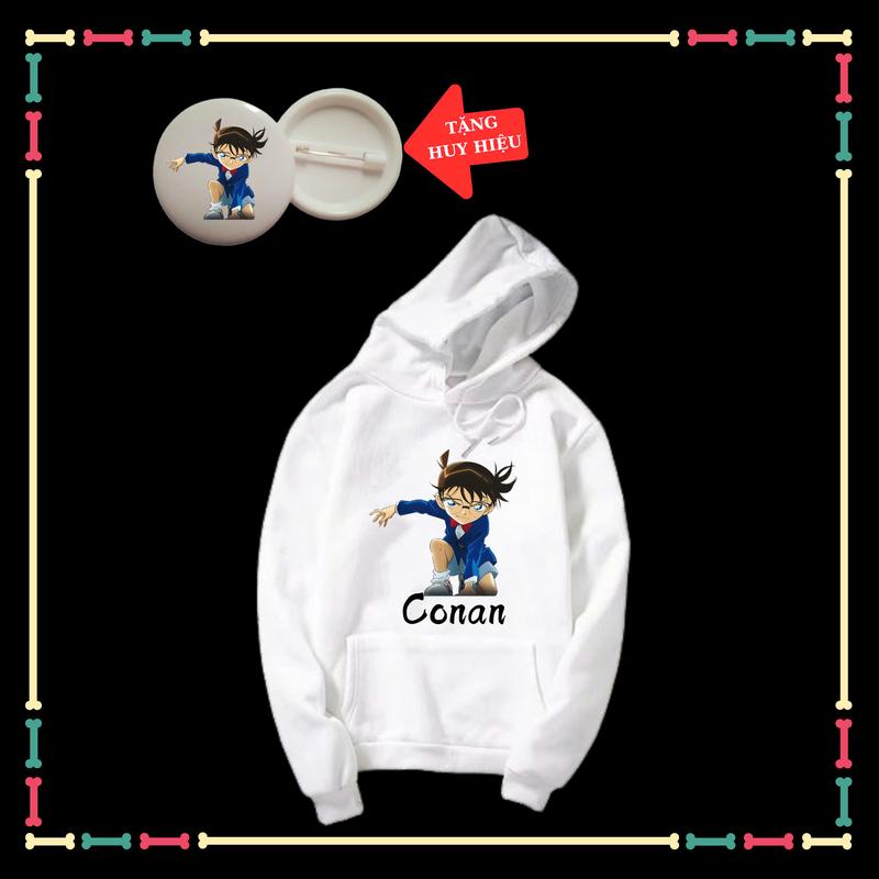 Áo Khoác Hoodie in hình Conan thám tử lừng danh dài tay thu đông trẻ em, màu trắng, vải nỉ có mũ-Kèm huy hiệu 5