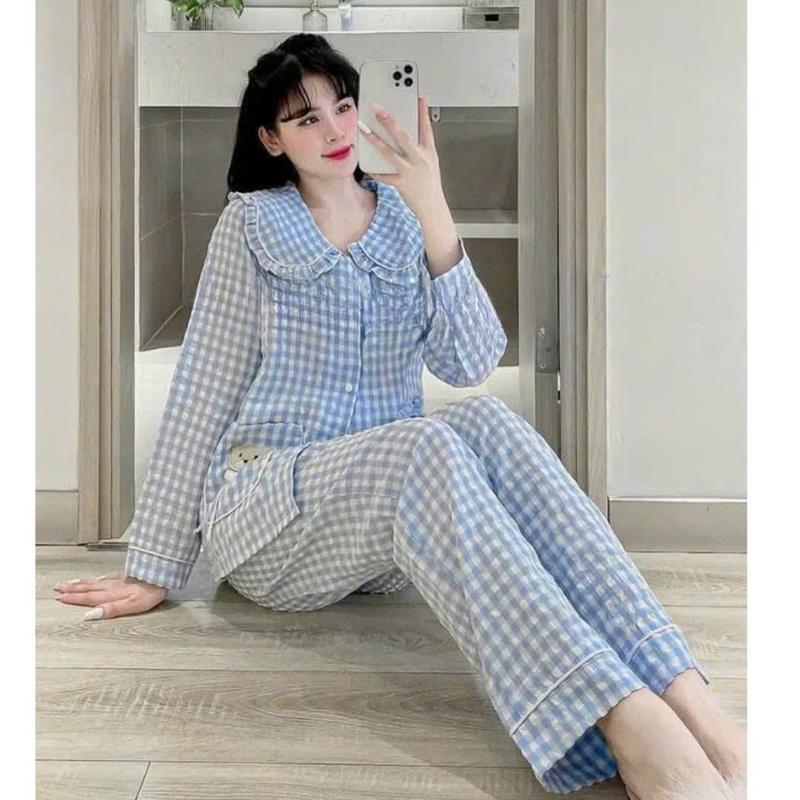 Bộ pijama caro tiểu thư thêu gấu ở túi - Bộ đồ ngủ mặc nhà cổ bèo sen dễ thương 1