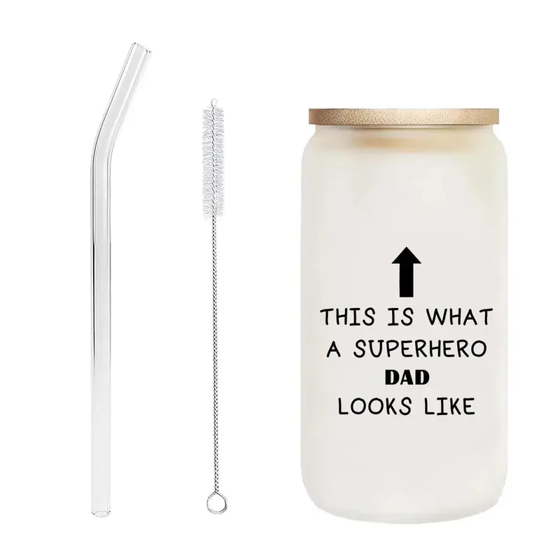 Product Introduction of 16oz Glass Cup with Straw & Brush, 1 Count Letter Pattern Glass Cup, Drinking Cup for Home Office Use, Gift for Father's Day, Drinkware 0