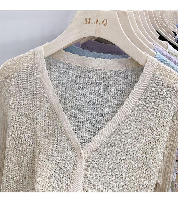 Product Introduction of Áo Cardigan Chống Nắng Dệt Kim, Trang Phục Mùa Hè Cho Nữ, Chất Liệu Lụa Lạnh Mỏng, Dài Tay, Màu Đen, Thích Hợp Mặc Bên Ngoài, Có Thể Mặc Với Áo Điều Hòa Không Khí Ngắn, Áo Sơ Mi, Women, Top, Voi 10