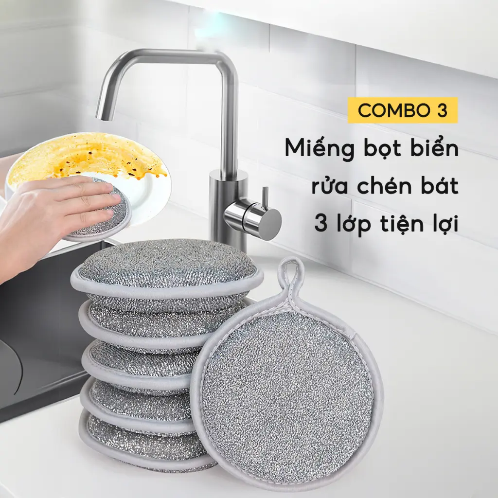 SET 3 Miếng Bọt Biển Rửa Chén Bát 3 Lớp Cọ Xoong Nồi Giẻ Rửa Bát Đĩa Đa Năng Siêu Tạo Bọt