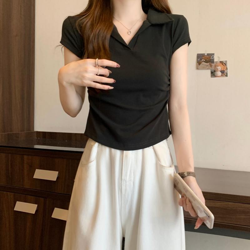 Product Introduction of 106 # Real Shot Real Price 40s Pure Cotton 210g (92% Cotton/8% Spandex) Polo Collar Waist-Cinching Short Sleeve T-Shirt for Women Top Womenswear 19