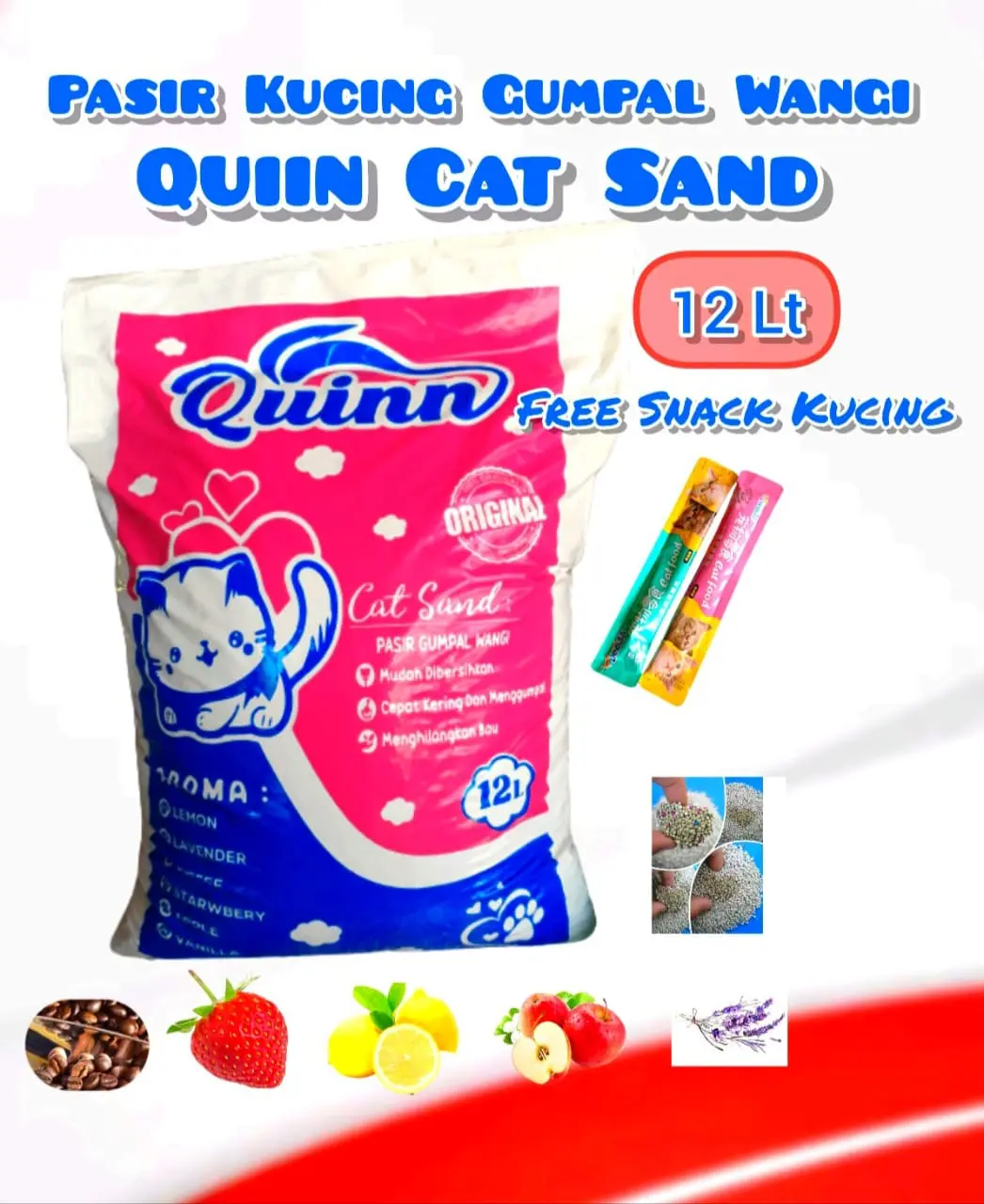 Promo 12 Liter QUINN Cat Sand Pasir Kucing Gumpal Wangi Free Snack Kucing