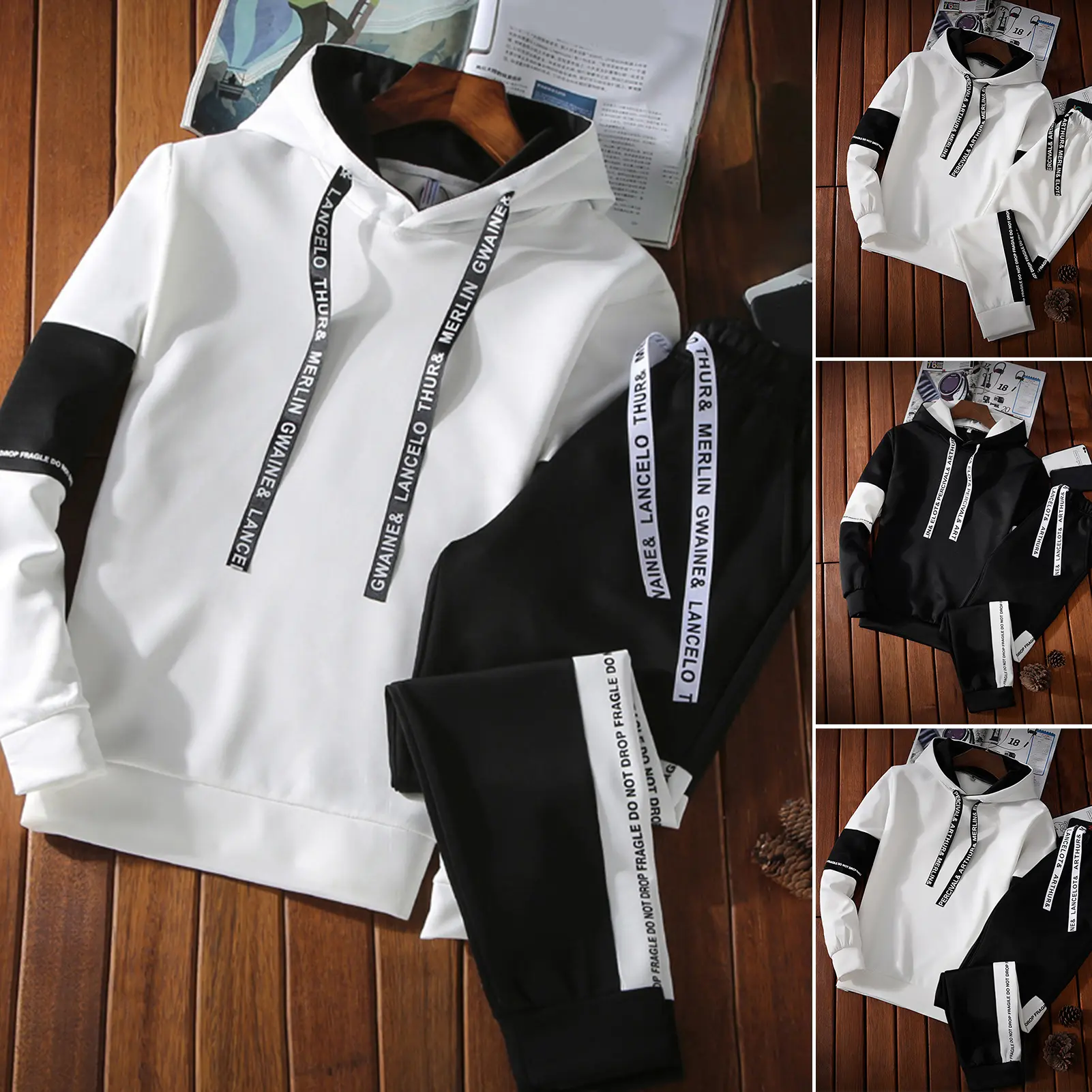 Men's hoodie and pants set, 1 set, color block print, Korean style, sweat shirt, sweat pants, street wear, Spring Autumn Menswear Overalls