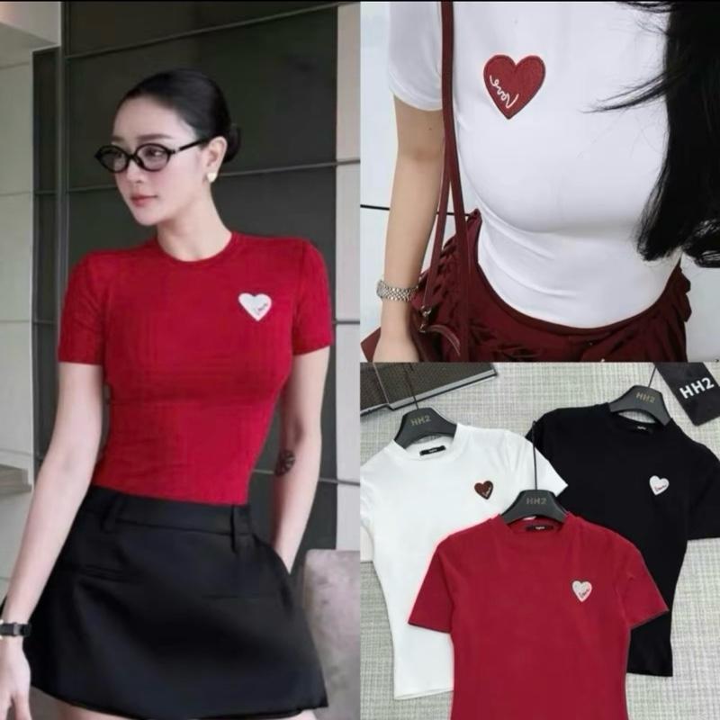 Áo thun nữ cổ tròn tay ngắn thêu logo trái tim, from tôn dáng chất cotton mềm mịn Women 0