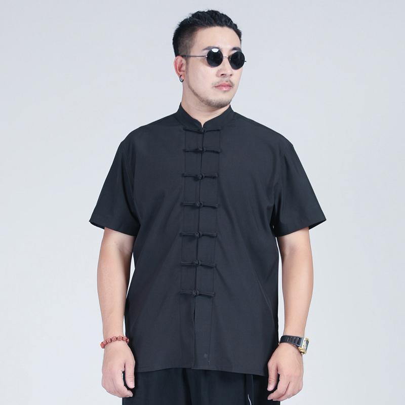 [3xl-10xl] Men Oversized Oversized Plain Mandarin Collar Short Sleeve Knot Buttons Black White Red Shirts 5